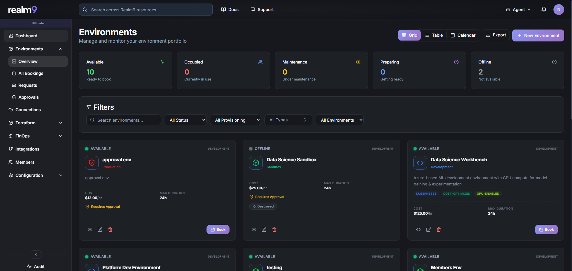 Realm9 booking management with calendar view, priority queues, and approval workflows