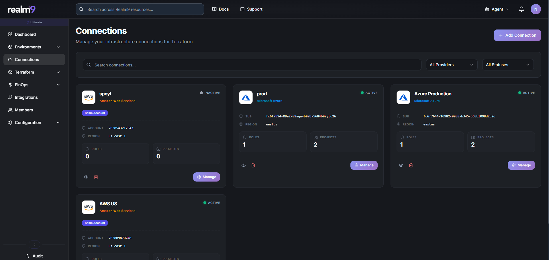 Realm9 multi-cloud connections across AWS, Azure, and GCP
