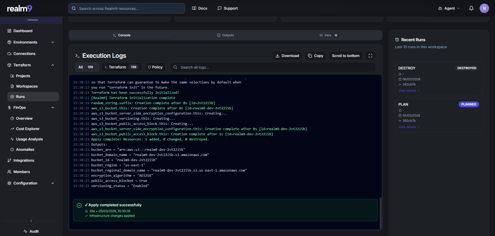 Plan, apply, destroy — with full visibility
